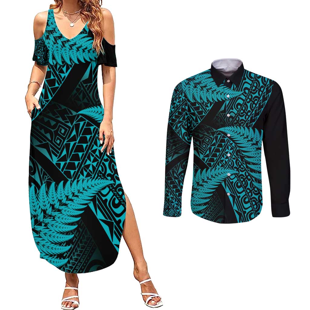 New Zealand Rugby Pacific Personalised Couples Matching Summer Maxi Dress and Long Sleeve Button Shirt All Turquoise Maori Pasifika Fern Pattern LT9 Turquoise - Polynesian Pride