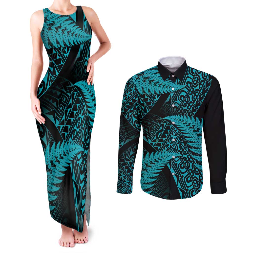 New Zealand Rugby Pacific Personalised Couples Matching Tank Maxi Dress and Long Sleeve Button Shirt All Turquoise Maori Pasifika Fern Pattern LT9 Turquoise - Polynesian Pride