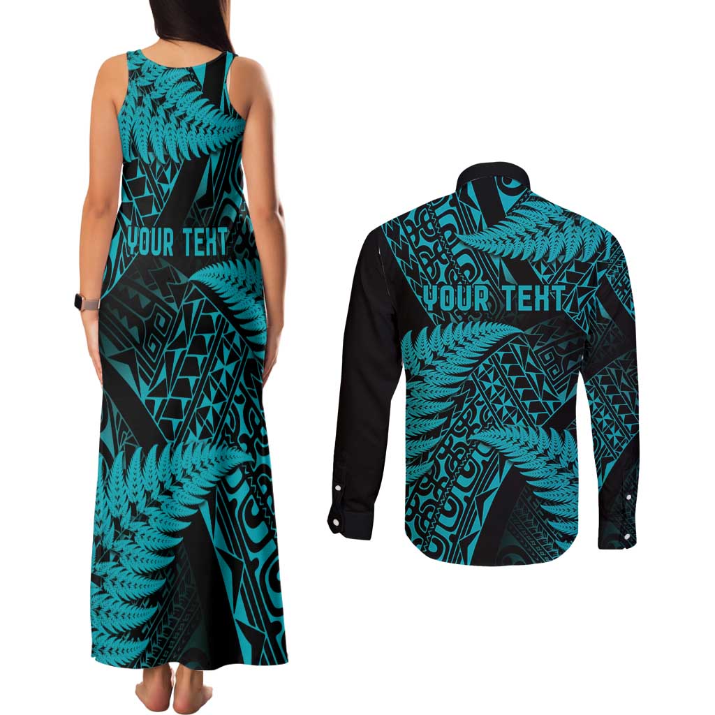 New Zealand Rugby Pacific Personalised Couples Matching Tank Maxi Dress and Long Sleeve Button Shirt All Turquoise Maori Pasifika Fern Pattern LT9 - Polynesian Pride