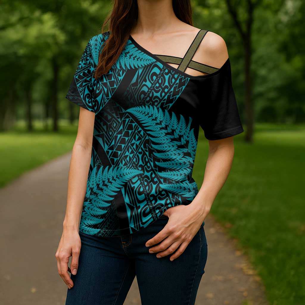 New Zealand Rugby Pacific Personalised Cross Shoulder Shirt All Turquoise Maori Pasifika Fern Pattern LT9 - Polynesian Pride