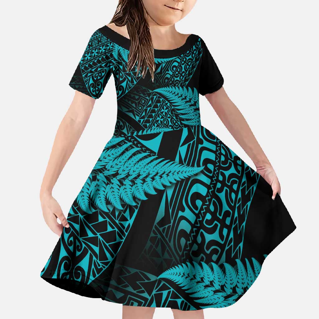 New Zealand Rugby Pacific Personalised Family Matching Mermaid Dress and Hawaiian Shirt All Turquoise Maori Pasifika Fern Pattern LT9 Daughter's Dress Turquoise - Polynesian Pride