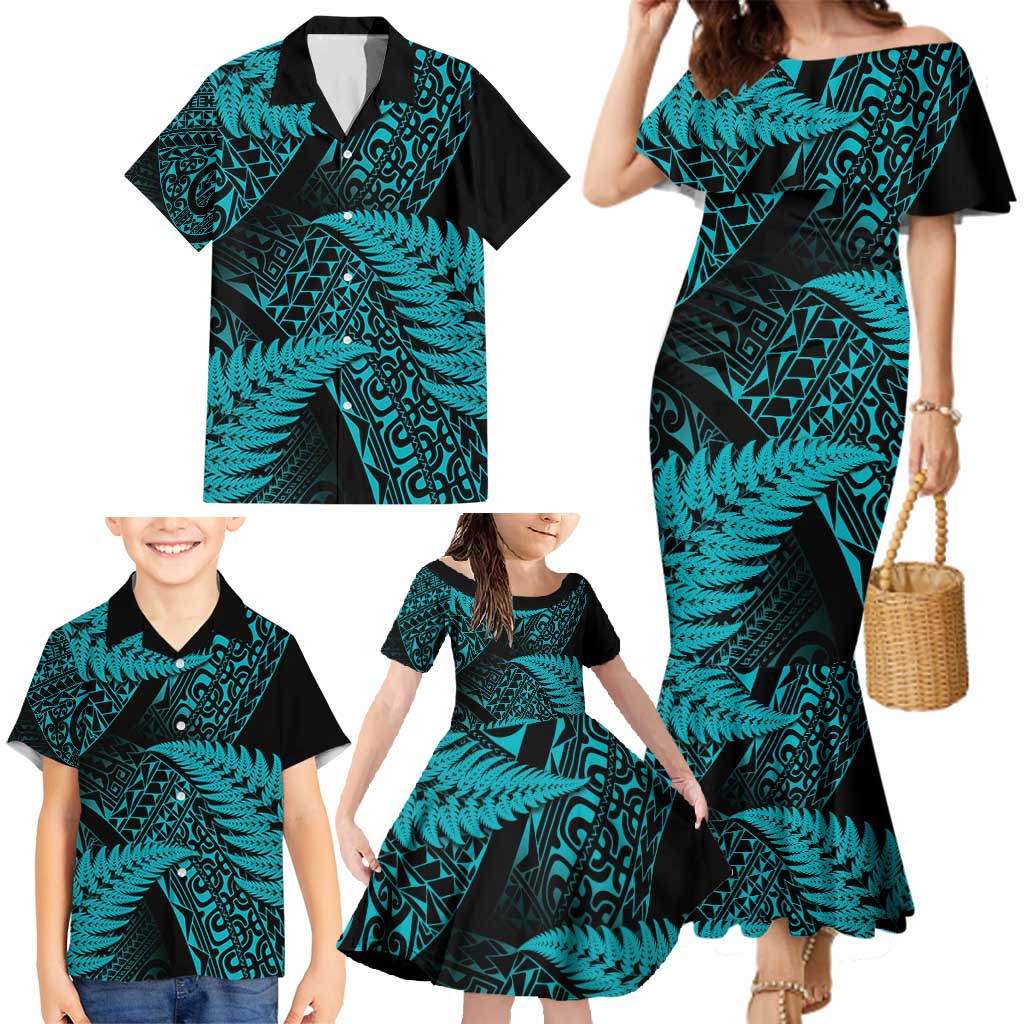 New Zealand Rugby Pacific Personalised Family Matching Mermaid Dress and Hawaiian Shirt All Turquoise Maori Pasifika Fern Pattern LT9 - Polynesian Pride