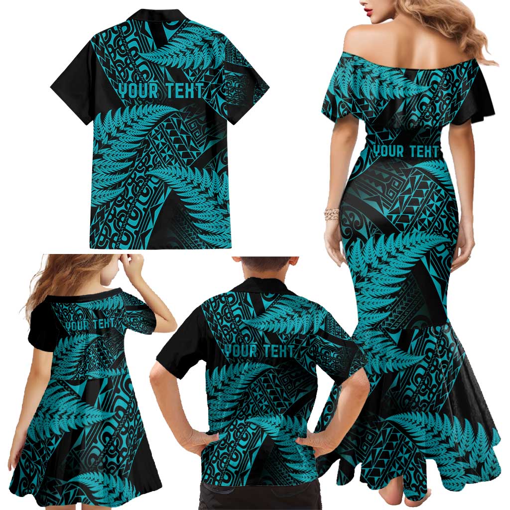 New Zealand Rugby Pacific Personalised Family Matching Mermaid Dress and Hawaiian Shirt All Turquoise Maori Pasifika Fern Pattern LT9 - Polynesian Pride
