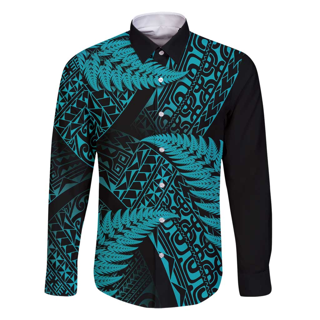 New Zealand Rugby Pacific Personalised Family Matching Mermaid Dress and Hawaiian Shirt All Turquoise Maori Pasifika Fern Pattern LT9 Dad's Shirt - Long Sleeve Turquoise - Polynesian Pride