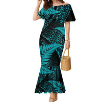 New Zealand Rugby Pacific Personalised Family Matching Mermaid Dress and Hawaiian Shirt All Turquoise Maori Pasifika Fern Pattern LT9 Mom's Dress Turquoise - Polynesian Pride