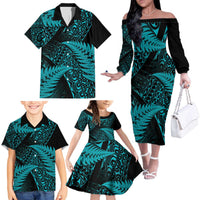 New Zealand Rugby Pacific Personalised Family Matching Off The Shoulder Long Sleeve Dress and Hawaiian Shirt All Turquoise Maori Pasifika Fern Pattern LT9 - Polynesian Pride