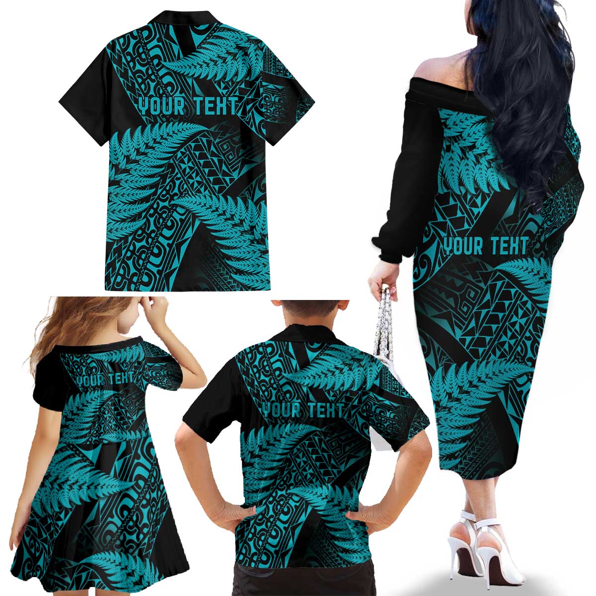 New Zealand Rugby Pacific Personalised Family Matching Off The Shoulder Long Sleeve Dress and Hawaiian Shirt All Turquoise Maori Pasifika Fern Pattern LT9 - Polynesian Pride