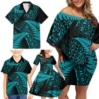 New Zealand Rugby Pacific Personalised Family Matching Off Shoulder Short Dress and Hawaiian Shirt All Turquoise Maori Pasifika Fern Pattern LT9 - Polynesian Pride