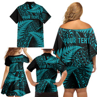 New Zealand Rugby Pacific Personalised Family Matching Off Shoulder Short Dress and Hawaiian Shirt All Turquoise Maori Pasifika Fern Pattern LT9 - Polynesian Pride
