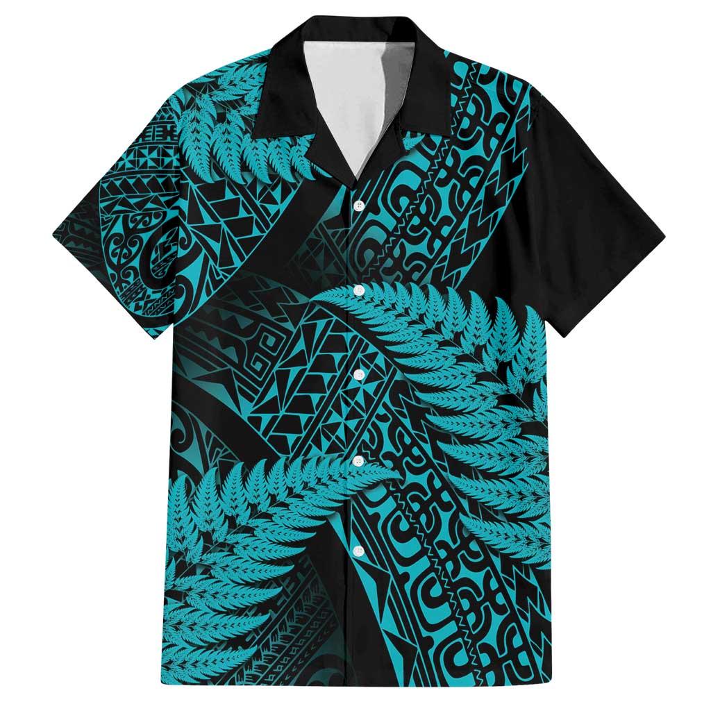 New Zealand Rugby Pacific Personalised Family Matching Tank Maxi Dress and Hawaiian Shirt All Turquoise Maori Pasifika Fern Pattern LT9 Dad's Shirt - Short Sleeve Turquoise - Polynesian Pride