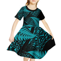 New Zealand Rugby Pacific Personalised Kid Short Sleeve Dress All Turquoise Maori Pasifika Fern Pattern LT9 - Polynesian Pride