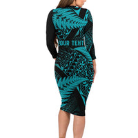 New Zealand Rugby Pacific Personalised Long Sleeve Bodycon Dress All Turquoise Maori Pasifika Fern Pattern LT9 - Polynesian Pride