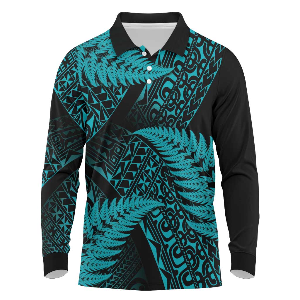 New Zealand Rugby Pacific Personalised Long Sleeve Polo Shirt All Turquoise Maori Pasifika Fern Pattern LT9 Turquoise - Polynesian Pride