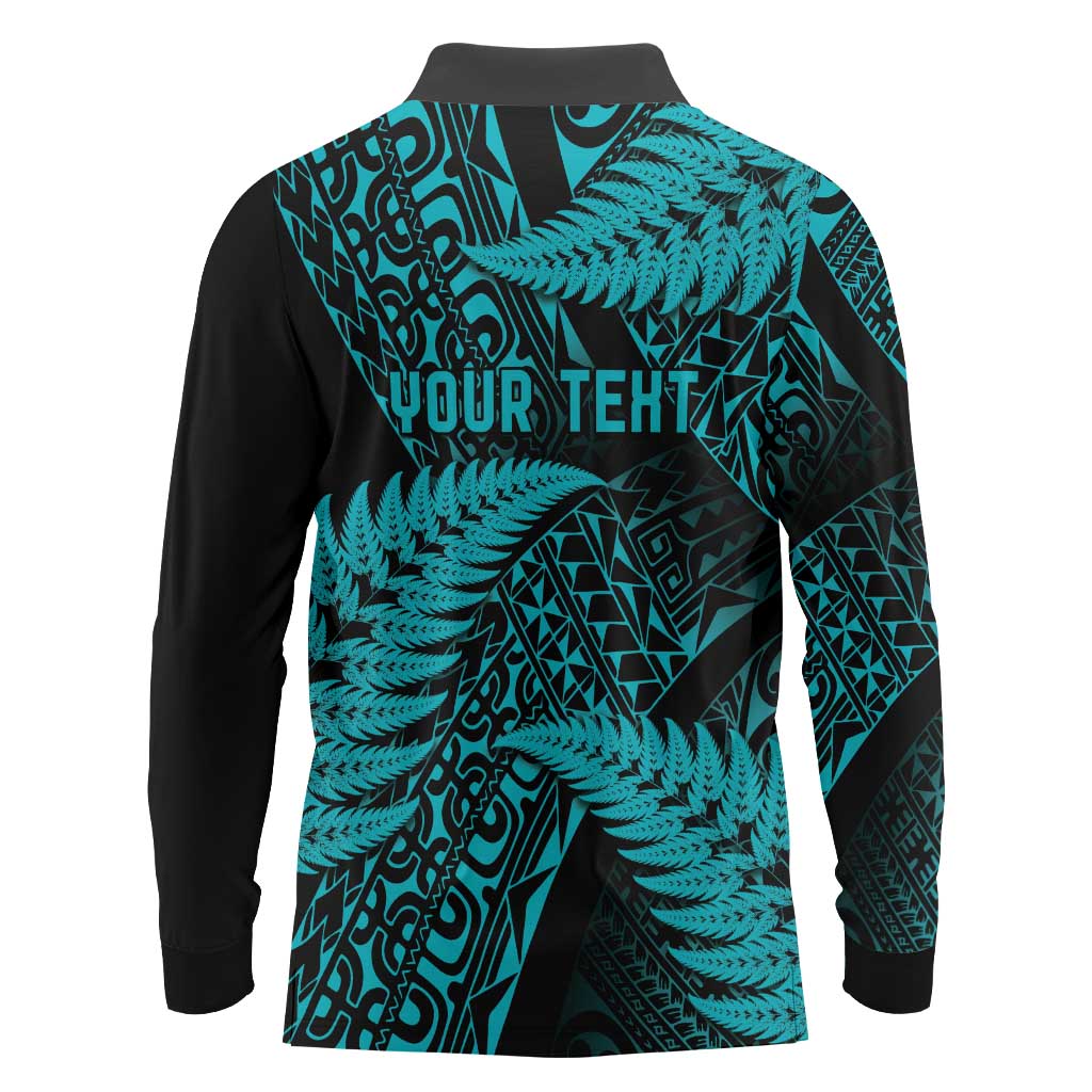 New Zealand Rugby Pacific Personalised Long Sleeve Polo Shirt All Turquoise Maori Pasifika Fern Pattern LT9 - Polynesian Pride