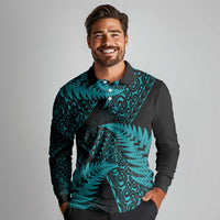 New Zealand Rugby Pacific Personalised Long Sleeve Polo Shirt All Turquoise Maori Pasifika Fern Pattern LT9 - Polynesian Pride