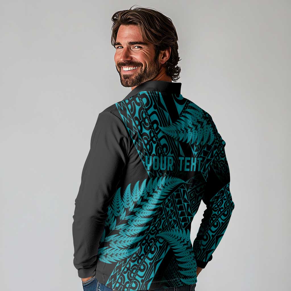 New Zealand Rugby Pacific Personalised Long Sleeve Polo Shirt All Turquoise Maori Pasifika Fern Pattern LT9 - Polynesian Pride