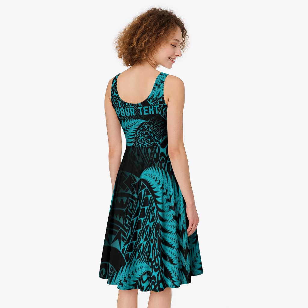 New Zealand Rugby Pacific Personalised Midi Dress All Turquoise Maori Pasifika Fern Pattern LT9 - Polynesian Pride