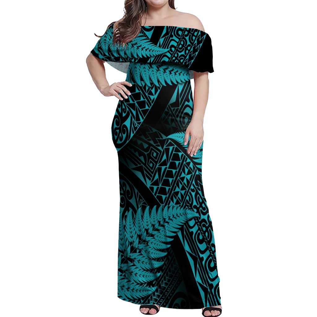 New Zealand Rugby Pacific Personalised Off Shoulder Maxi Dress All Turquoise Maori Pasifika Fern Pattern LT9 Women Turquoise - Polynesian Pride