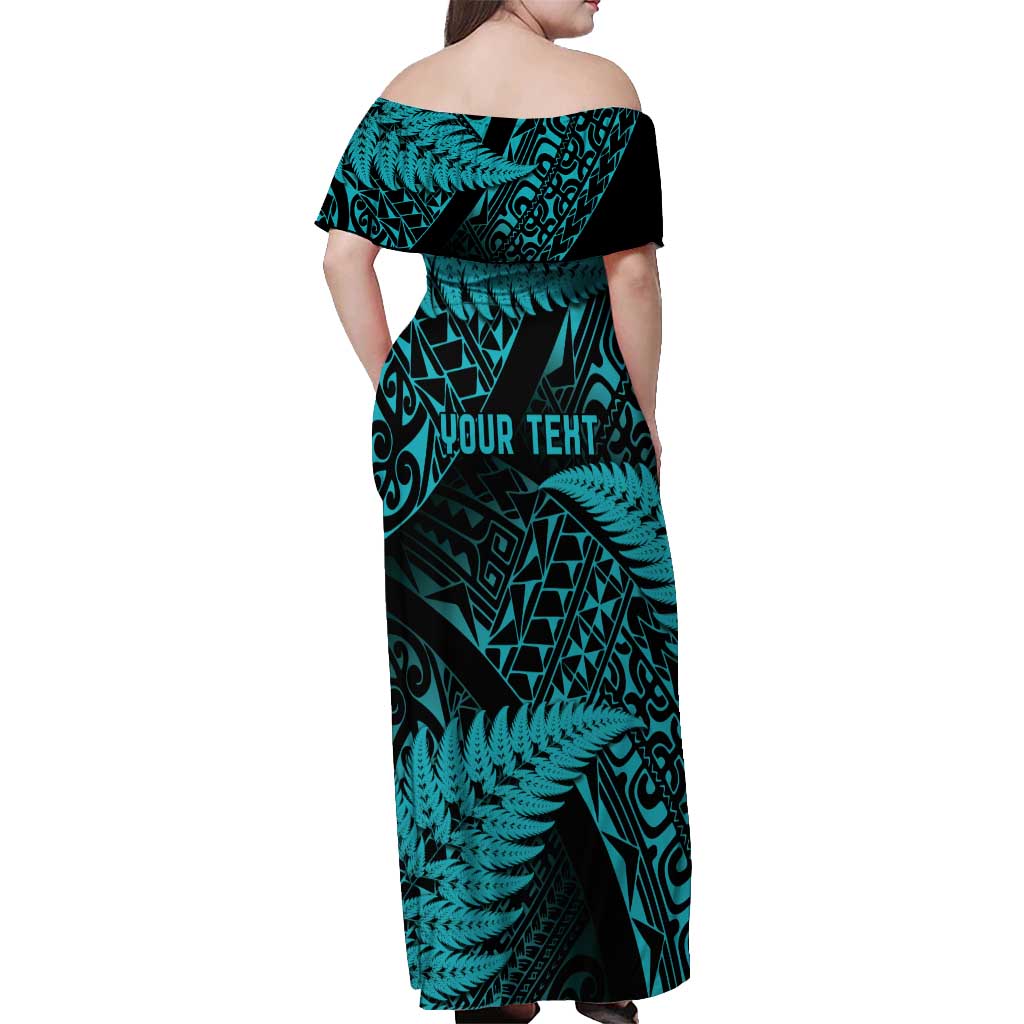 New Zealand Rugby Pacific Personalised Off Shoulder Maxi Dress All Turquoise Maori Pasifika Fern Pattern LT9 - Polynesian Pride