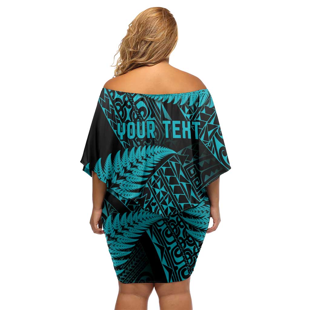 New Zealand Rugby Pacific Personalised Off Shoulder Short Dress All Turquoise Maori Pasifika Fern Pattern LT9 - Polynesian Pride