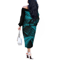 New Zealand Rugby Pacific Personalised Off The Shoulder Long Sleeve Dress All Turquoise Maori Pasifika Fern Pattern LT9 - Polynesian Pride