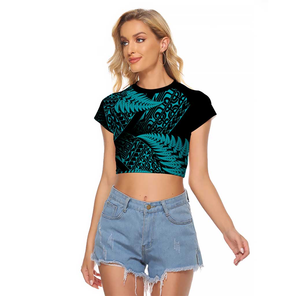 New Zealand Rugby Pacific Personalised Raglan Cropped T Shirt All Turquoise Maori Pasifika Fern Pattern LT9 Female Turquoise - Polynesian Pride