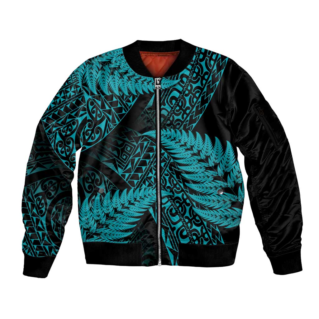 New Zealand Rugby Pacific Personalised Sleeve Zip Bomber Jacket All Turquoise Maori Pasifika Fern Pattern LT9 Unisex Turquoise - Polynesian Pride