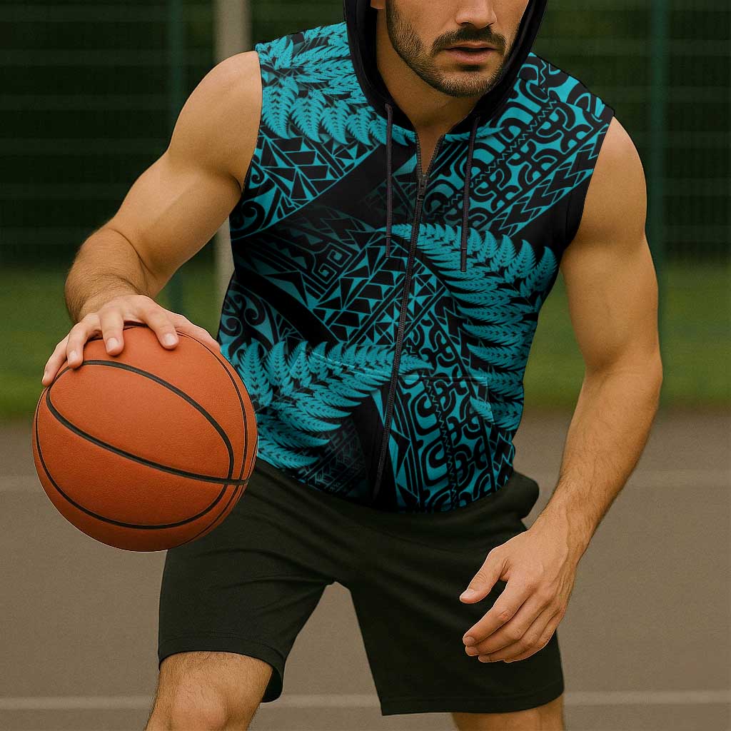 New Zealand Rugby Pacific Personalised Sleeveless Zip Hoodie All Turquoise Maori Pasifika Fern Pattern LT9 - Polynesian Pride