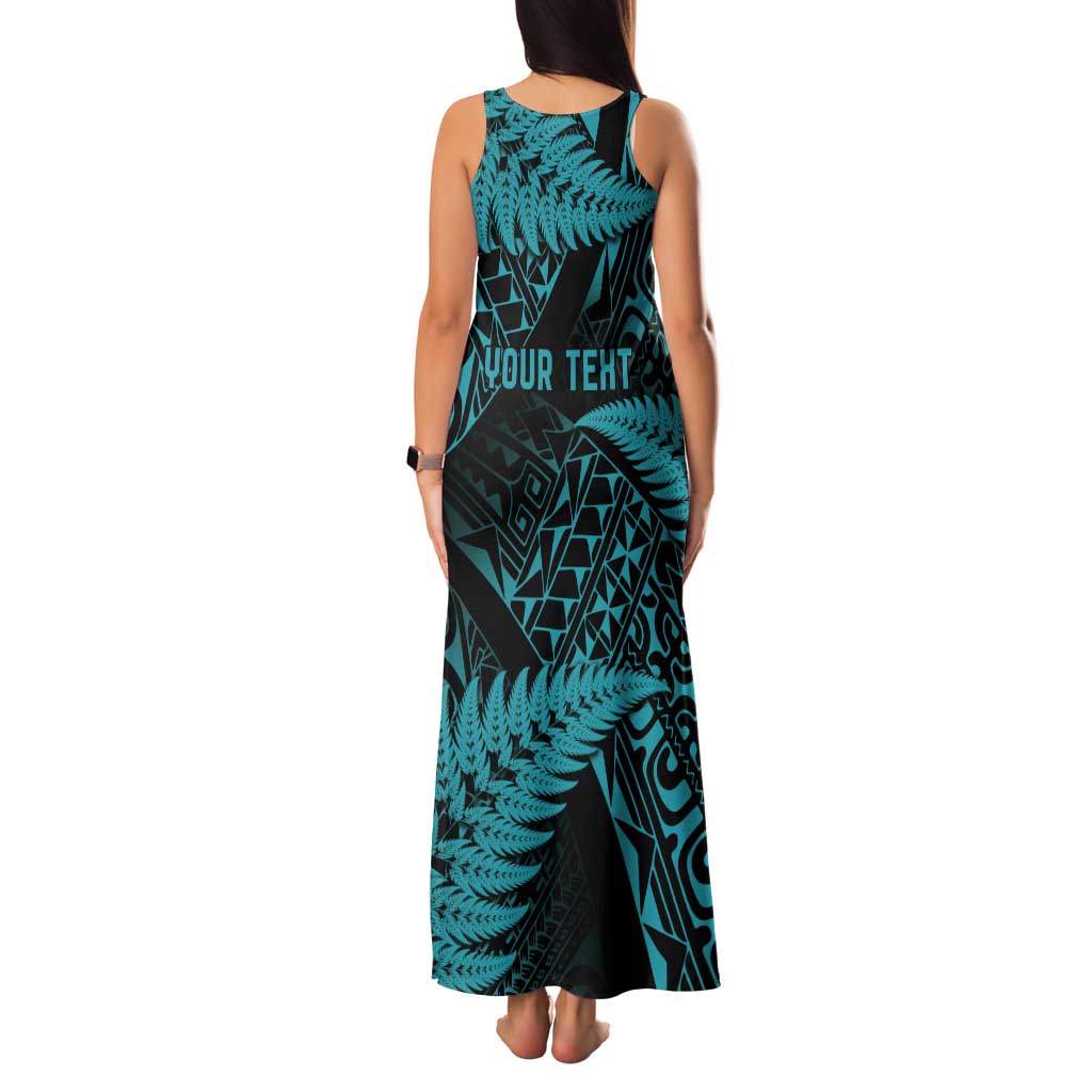New Zealand Rugby Pacific Personalised Tank Maxi Dress All Turquoise Maori Pasifika Fern Pattern LT9 - Polynesian Pride