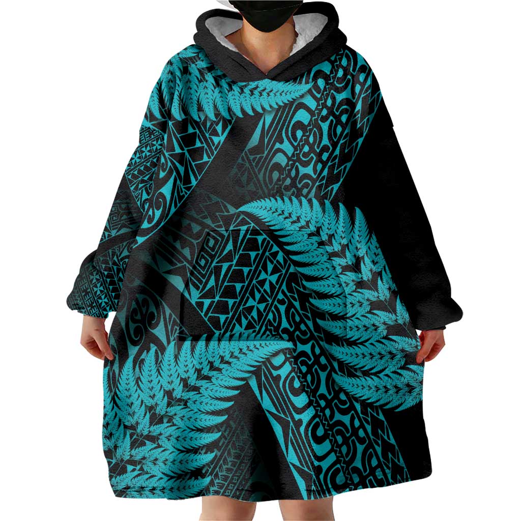 New Zealand Rugby Pacific Personalised Wearable Blanket Hoodie All Turquoise Maori Pasifika Fern Pattern LT9 - Polynesian Pride
