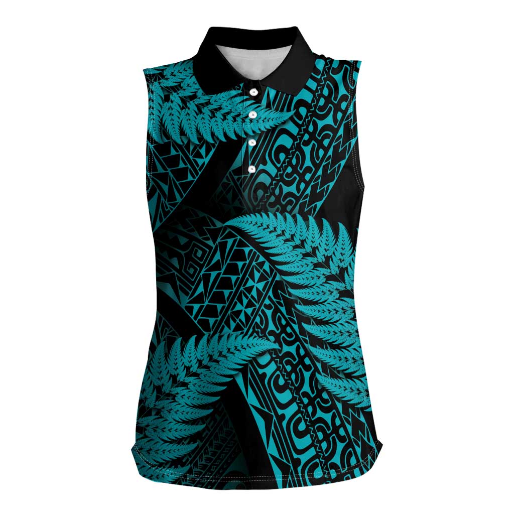 New Zealand Rugby Pacific Personalised Women Sleeveless Polo Shirt All Turquoise Maori Pasifika Fern Pattern LT9 Female Turquoise - Polynesian Pride