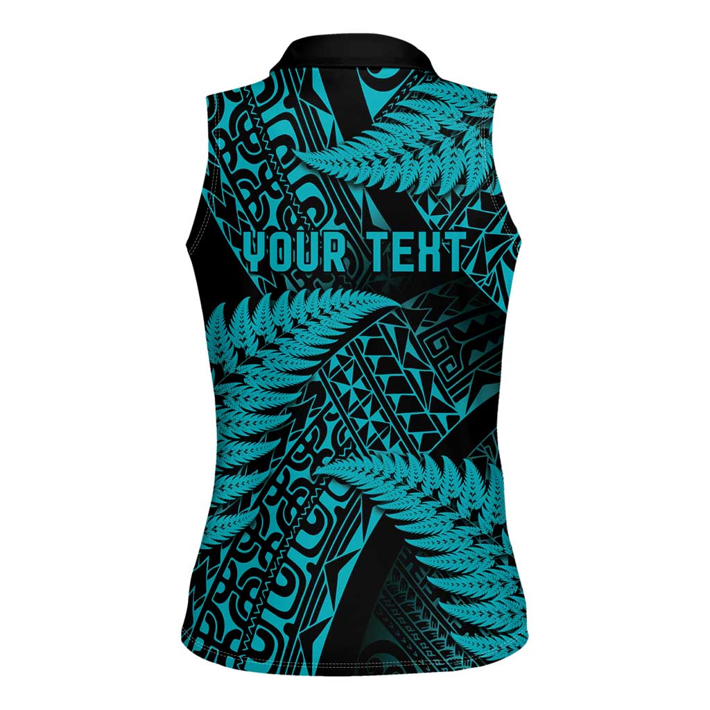 New Zealand Rugby Pacific Personalised Women Sleeveless Polo Shirt All Turquoise Maori Pasifika Fern Pattern LT9 - Polynesian Pride