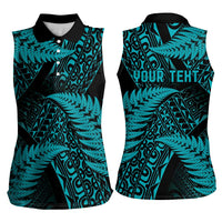 New Zealand Rugby Pacific Personalised Women Sleeveless Polo Shirt All Turquoise Maori Pasifika Fern Pattern LT9 - Polynesian Pride