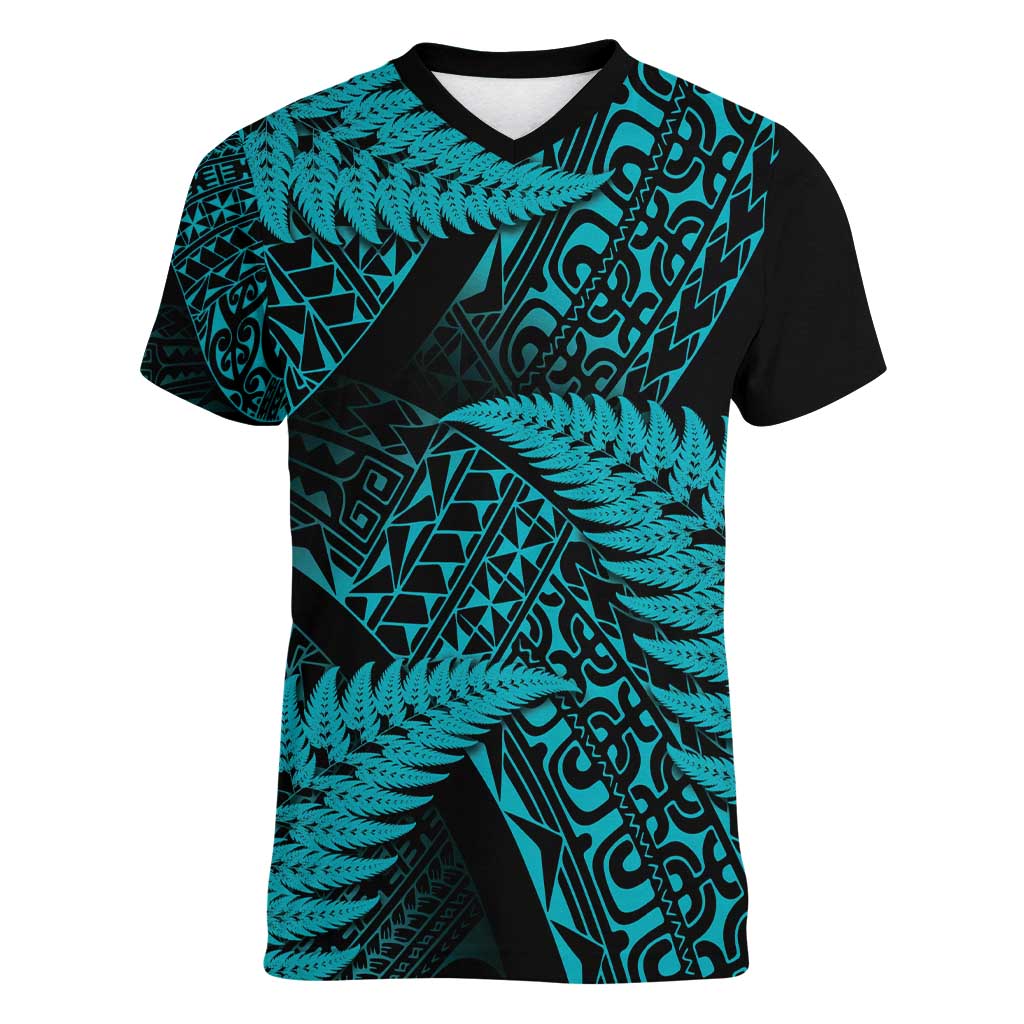 New Zealand Rugby Pacific Personalised Women V-Neck T-Shirt All Turquoise Maori Pasifika Fern Pattern LT9 Female Turquoise - Polynesian Pride