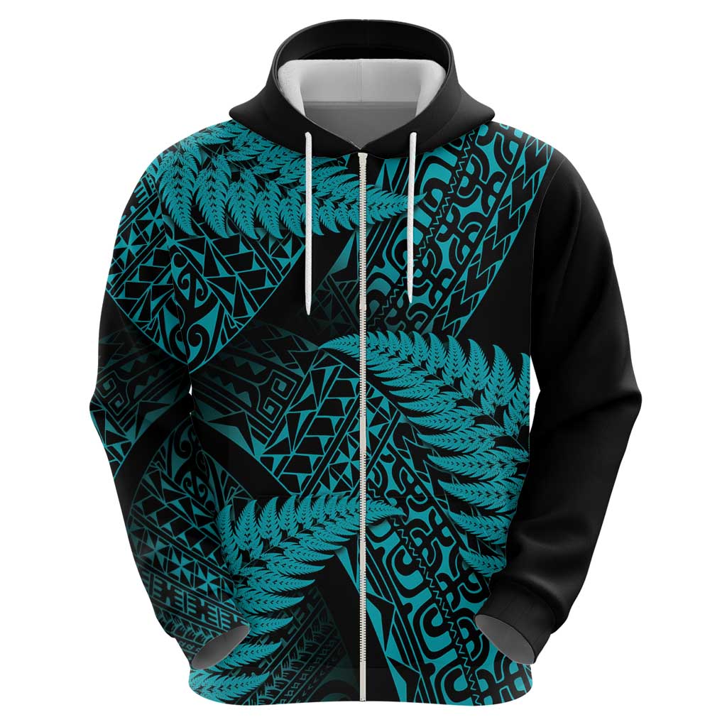 New Zealand Rugby Pacific Personalised Zip Hoodie All Turquoise Maori Pasifika Fern Pattern LT9 - Polynesian Pride
