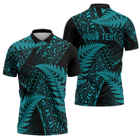 New Zealand Rugby Pacific Personalised Zipper Polo Shirt All Turquoise Maori Pasifika Fern Pattern LT9 - Polynesian Pride