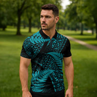 New Zealand Rugby Pacific Personalised Zipper Polo Shirt All Turquoise Maori Pasifika Fern Pattern LT9 - Polynesian Pride