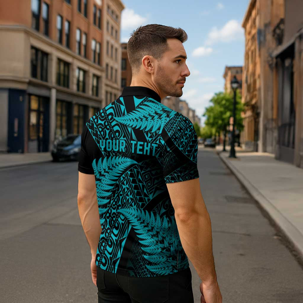New Zealand Rugby Pacific Personalised Zipper Polo Shirt All Turquoise Maori Pasifika Fern Pattern LT9 - Polynesian Pride