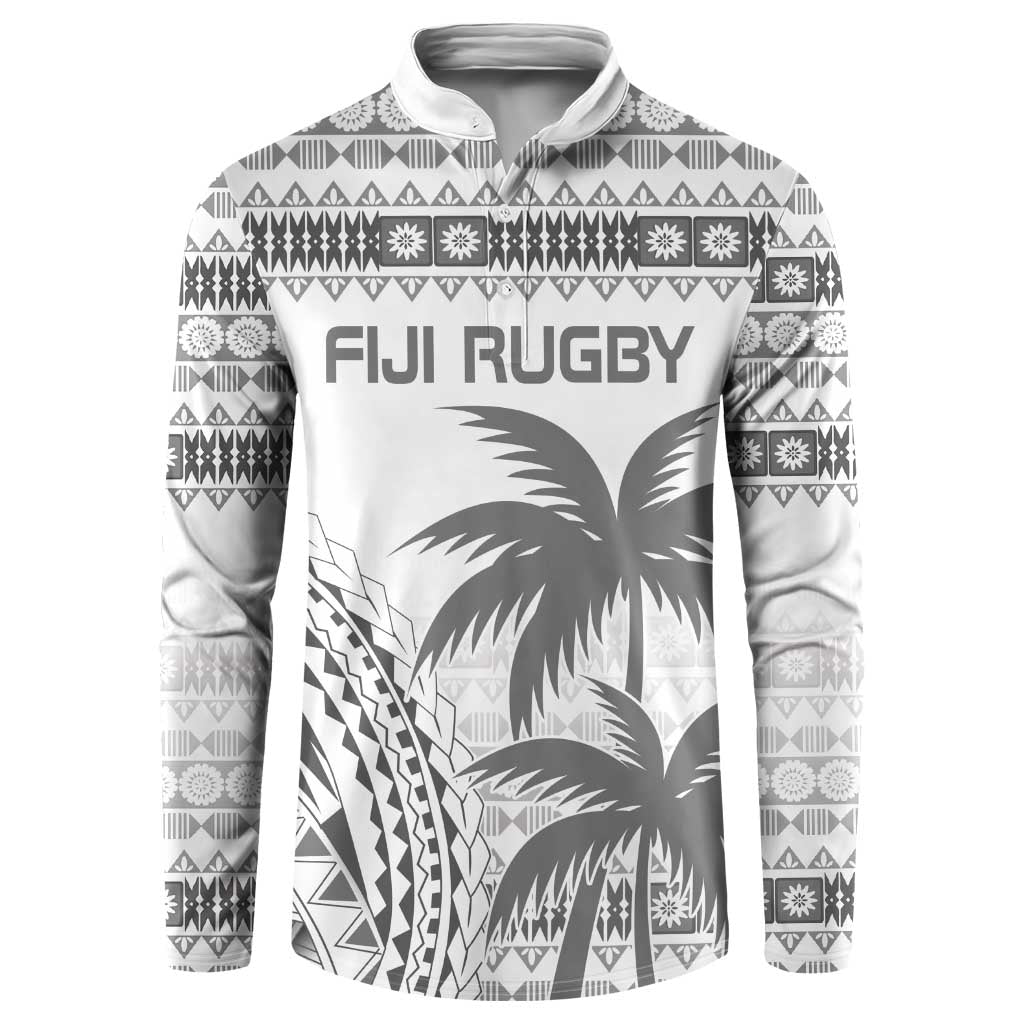 Custom Fiji Rugby Button Sweatshirt Polynesian Fijian Masi Palm Tree LT9 White - Polynesian Pride