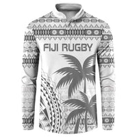 Custom Fiji Rugby Button Sweatshirt Polynesian Fijian Masi Palm Tree LT9 White - Polynesian Pride