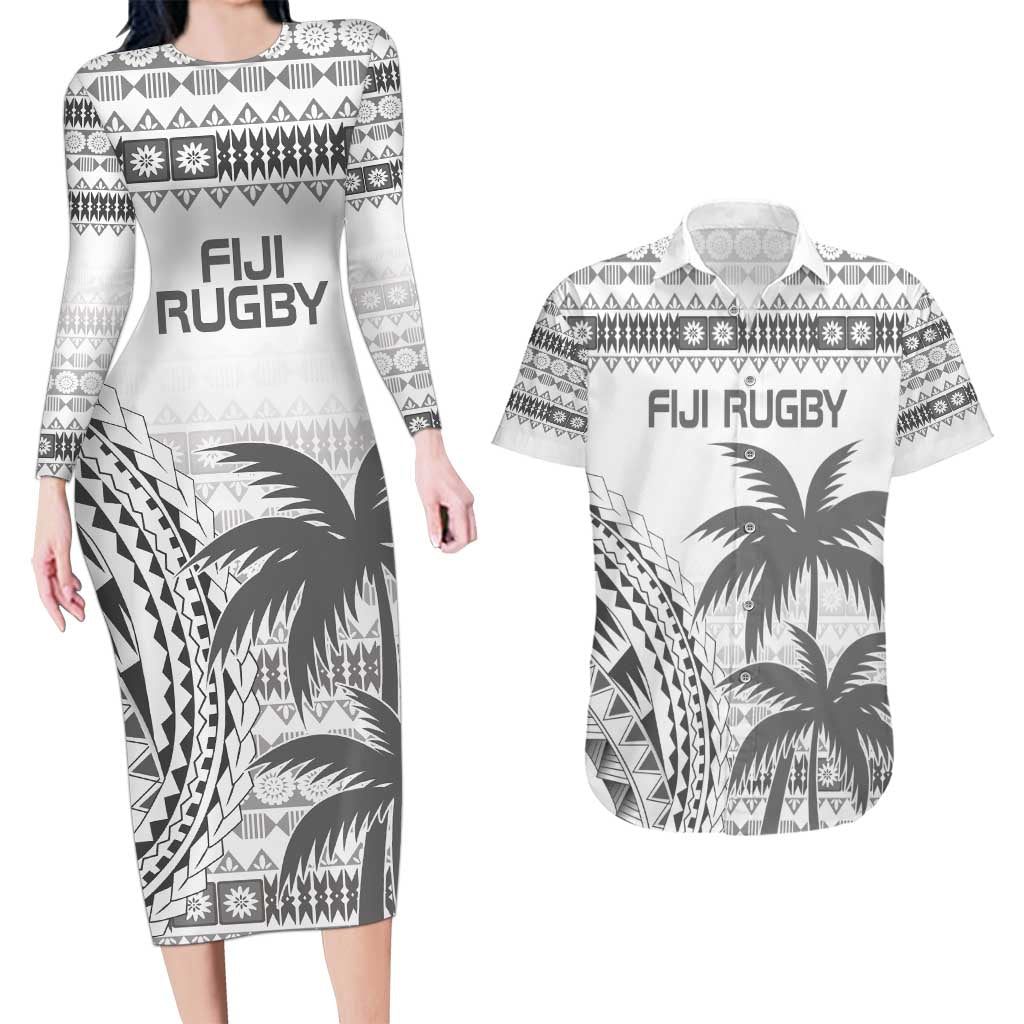 Custom Fiji Rugby Couples Matching Long Sleeve Bodycon Dress and Hawaiian Shirt Polynesian Fijian Masi Palm Tree LT9 White - Polynesian Pride