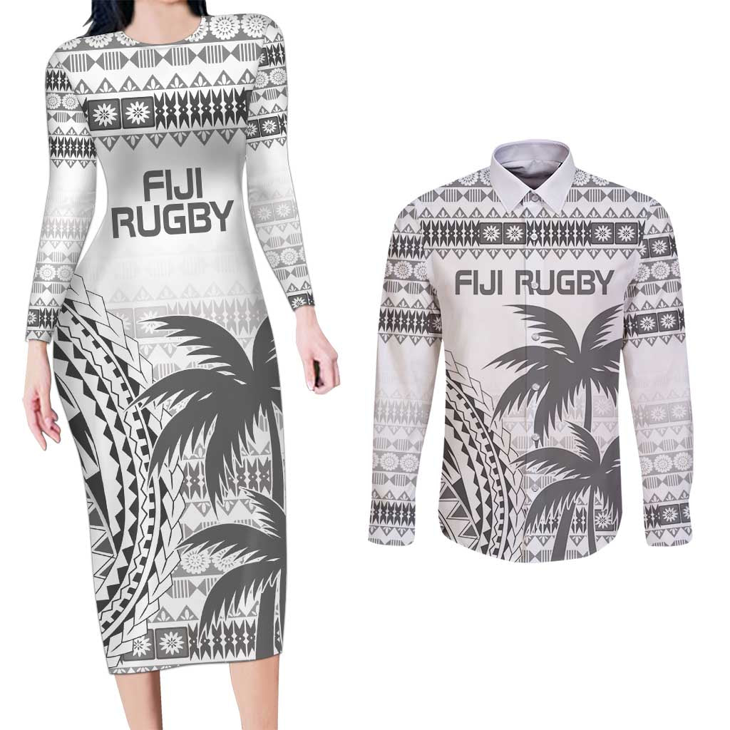 Custom Fiji Rugby Couples Matching Long Sleeve Bodycon Dress and Long Sleeve Button Shirt Polynesian Fijian Masi Palm Tree LT9 White - Polynesian Pride