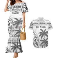Custom Fiji Rugby Couples Matching Mermaid Dress and Hawaiian Shirt Polynesian Fijian Masi Palm Tree LT9 White - Polynesian Pride