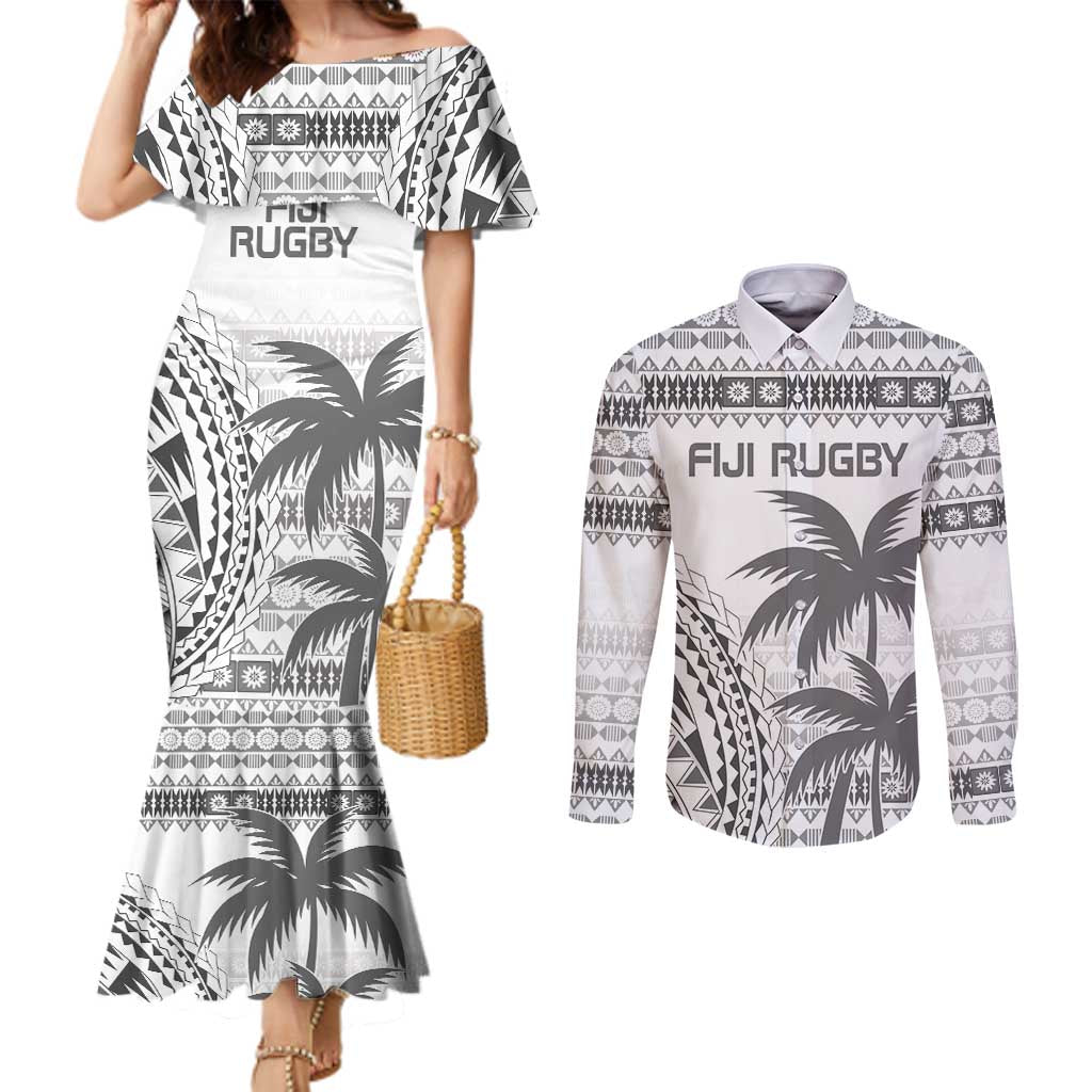 Custom Fiji Rugby Couples Matching Mermaid Dress and Long Sleeve Button Shirt Polynesian Fijian Masi Palm Tree LT9 White - Polynesian Pride