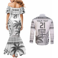 Custom Fiji Rugby Couples Matching Mermaid Dress and Long Sleeve Button Shirt Polynesian Fijian Masi Palm Tree LT9 - Polynesian Pride