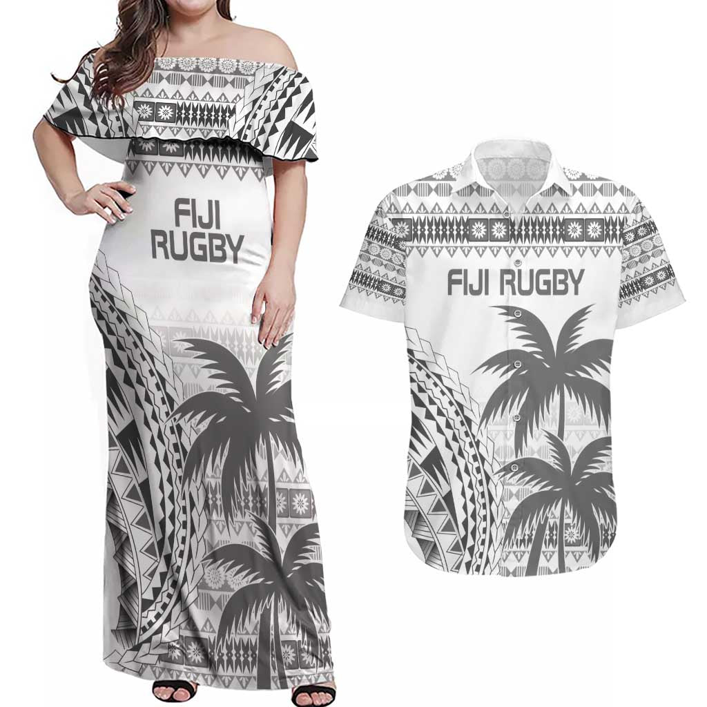 Custom Fiji Rugby Couples Matching Off Shoulder Maxi Dress and Hawaiian Shirt Polynesian Fijian Masi Palm Tree LT9 White - Polynesian Pride