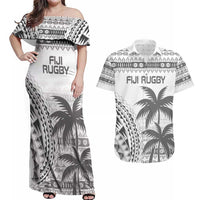 Custom Fiji Rugby Couples Matching Off Shoulder Maxi Dress and Hawaiian Shirt Polynesian Fijian Masi Palm Tree LT9 White - Polynesian Pride