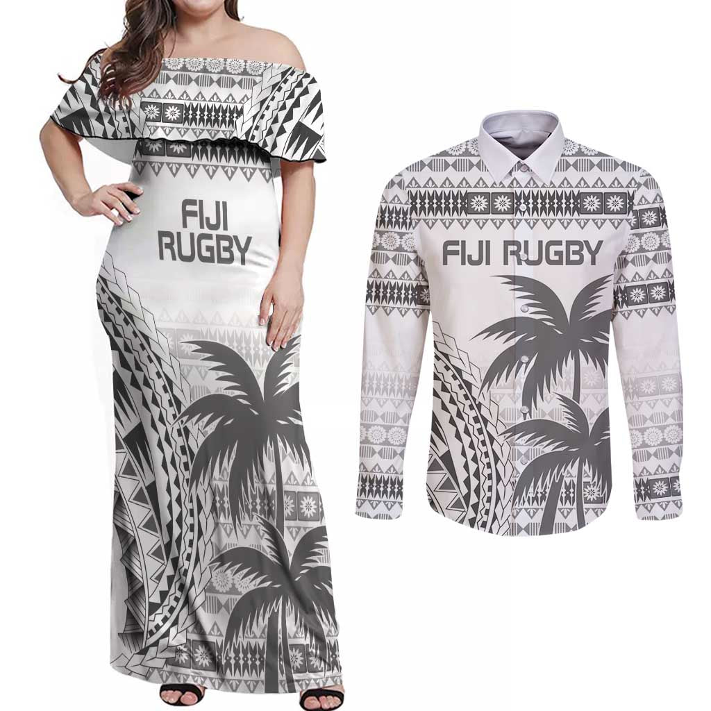 Custom Fiji Rugby Couples Matching Off Shoulder Maxi Dress and Long Sleeve Button Shirt Polynesian Fijian Masi Palm Tree LT9 White - Polynesian Pride