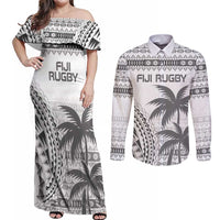 Custom Fiji Rugby Couples Matching Off Shoulder Maxi Dress and Long Sleeve Button Shirt Polynesian Fijian Masi Palm Tree LT9 White - Polynesian Pride