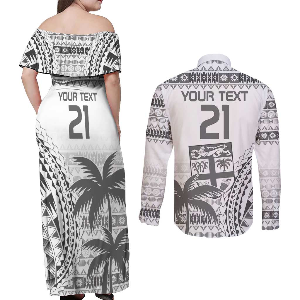 Custom Fiji Rugby Couples Matching Off Shoulder Maxi Dress and Long Sleeve Button Shirt Polynesian Fijian Masi Palm Tree LT9 - Polynesian Pride